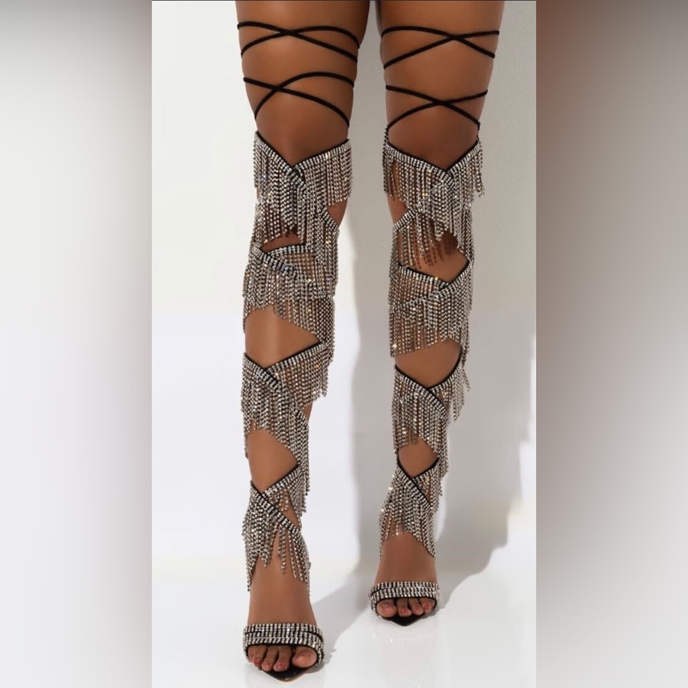 Azalea Wang Rhinestone Trim Lace Up Heel